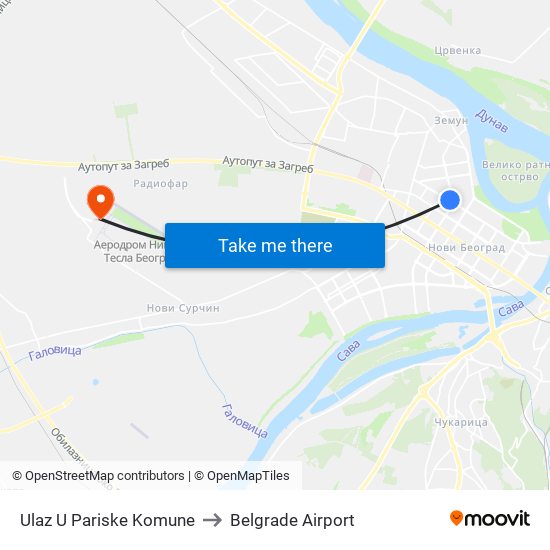 Ulaz U Pariske Komune to Belgrade Airport map