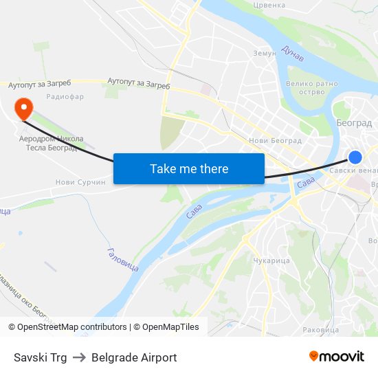 Savski Trg to Belgrade Airport map