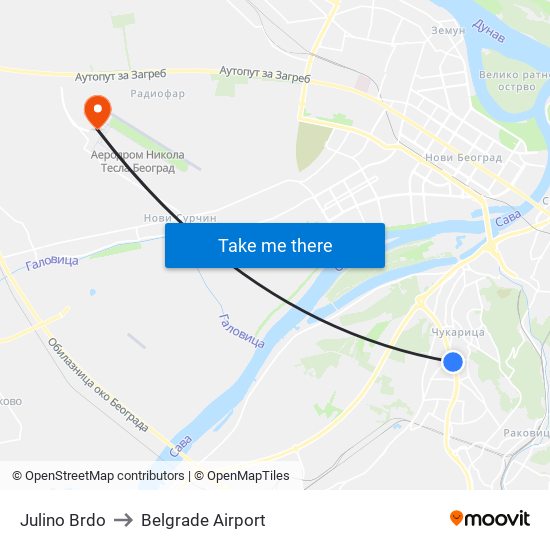 Julino Brdo to Belgrade Airport map