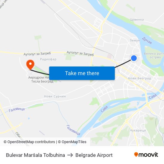 Bulevar Maršala Tolbuhina to Belgrade Airport map