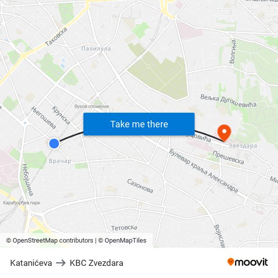 Katanićeva to KBC Zvezdara map