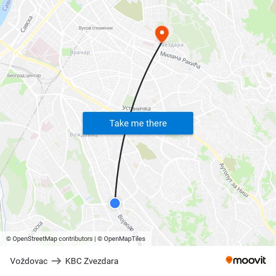 Voždovac to KBC Zvezdara map