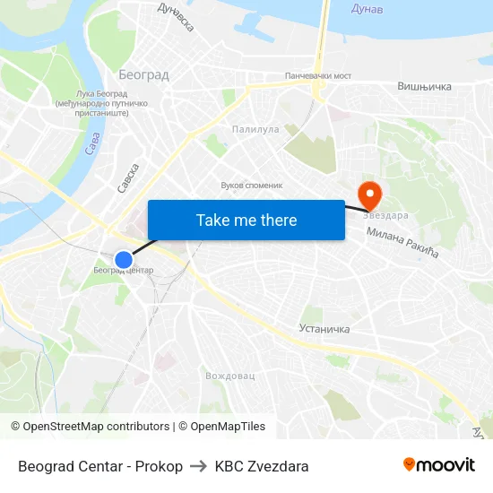 Beograd Centar - Prokop to KBC Zvezdara map