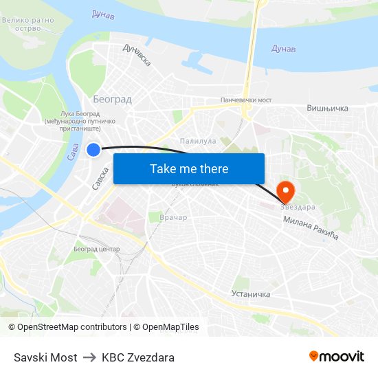 Savski Most to KBC Zvezdara map