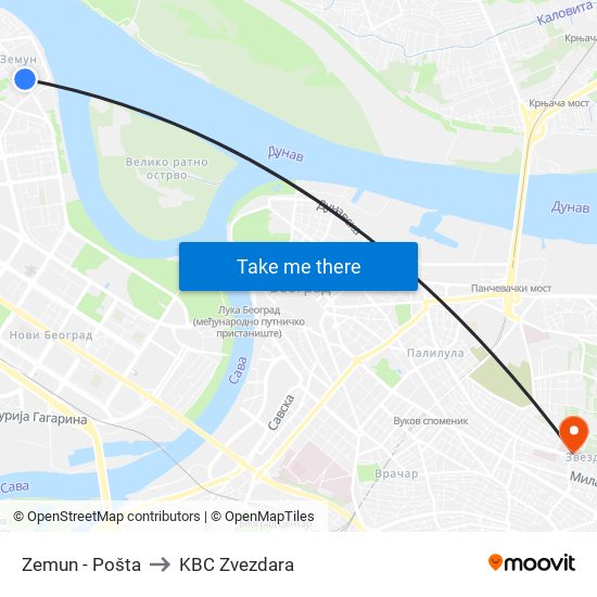 Zemun - Pošta to KBC Zvezdara map