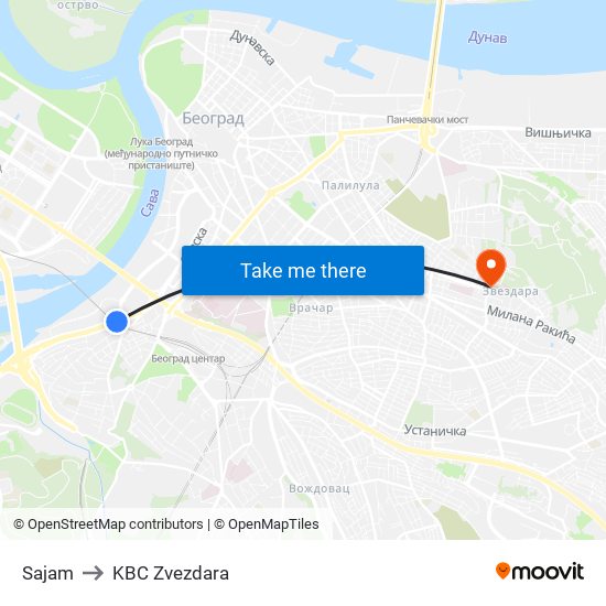 Sajam to KBC Zvezdara map
