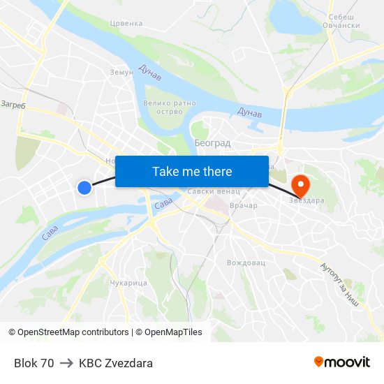 Blok 70 to KBC Zvezdara map