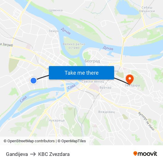 Gandijeva to KBC Zvezdara map