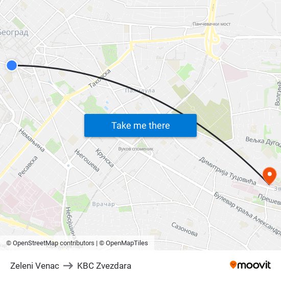 Zeleni Venac to KBC Zvezdara map