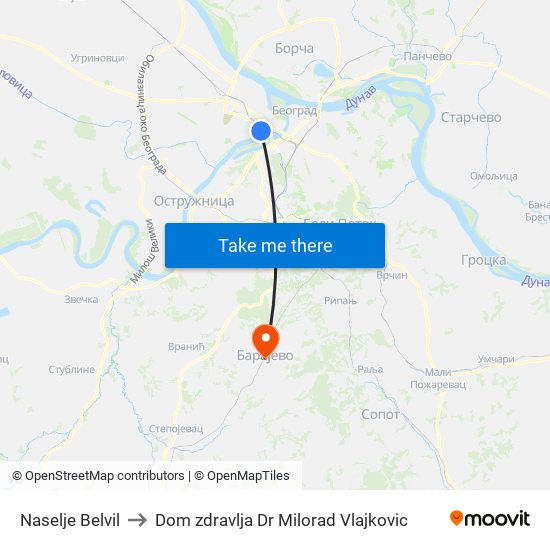 Naselje Belvil to Dom zdravlja Dr Milorad Vlajkovic map