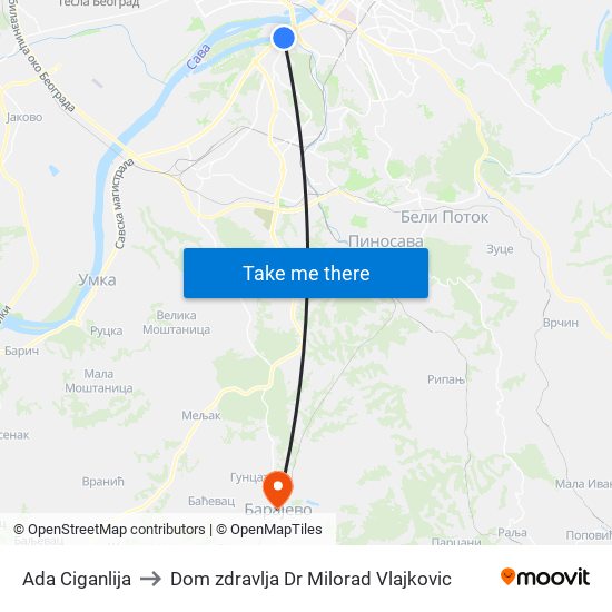 Ada Ciganlija to Dom zdravlja Dr Milorad Vlajkovic map