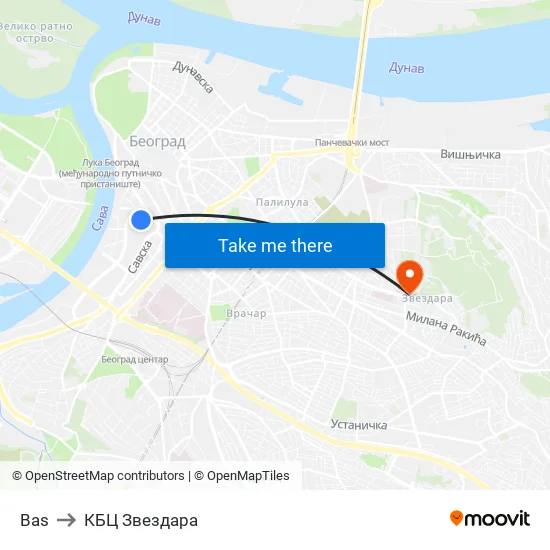 Bas to КБЦ Звездара map