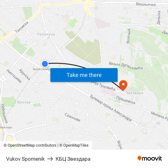 Vukov Spomenik to КБЦ Звездара map