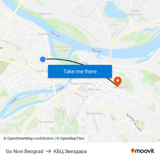 Go Novi Beograd to КБЦ Звездара map