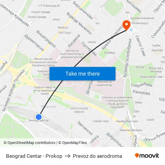 Beograd Centar - Prokop to Prevoz do aerodroma map