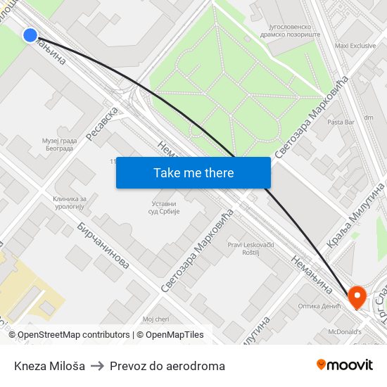 Kneza Miloša to Prevoz do aerodroma map