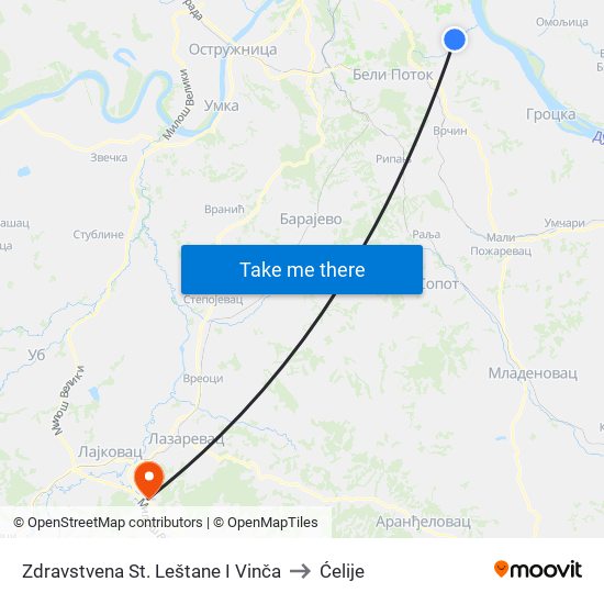 Zdravstvena St. Leštane I Vinča to Ćelije map