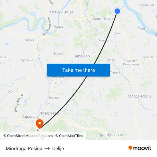 Miodraga Pešića to Ćelije map