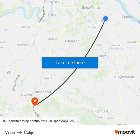 Vrčin to Ćelije map