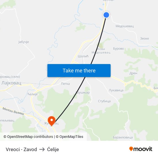 Vreoci - Zavod to Ćelije map