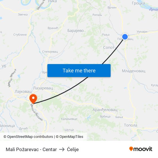 Mali Požarevac - Centar to Ćelije map