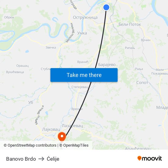 Banovo Brdo to Ćelije map