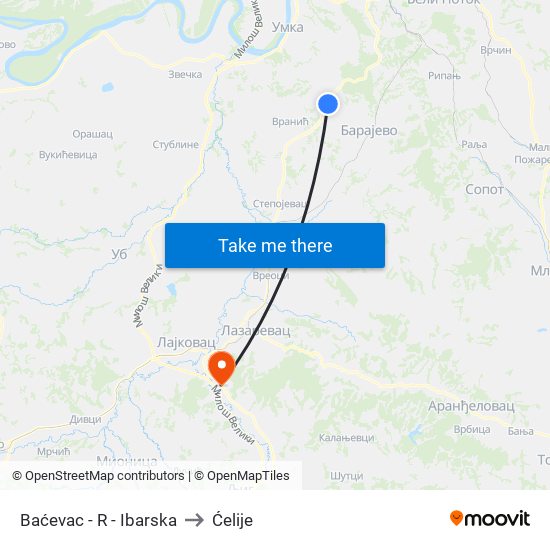 Baćevac - R - Ibarska to Ćelije map