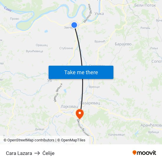 Cara Lazara to Ćelije map