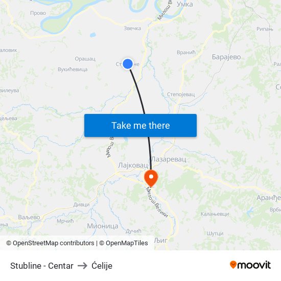 Stubline - Centar to Ćelije map