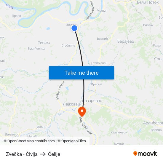 Zvečka - Čivija to Ćelije map