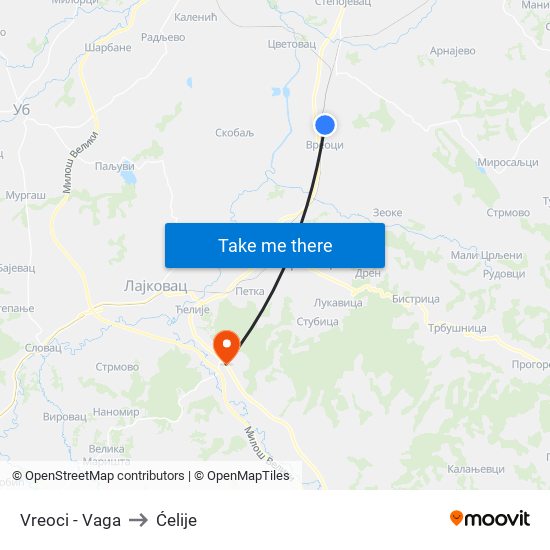 Vreoci - Vaga to Ćelije map