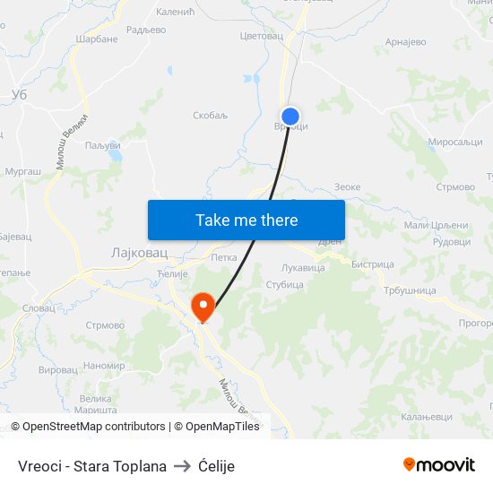 Vreoci - Stara Toplana to Ćelije map