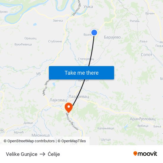 Velike Gunjice to Ćelije map