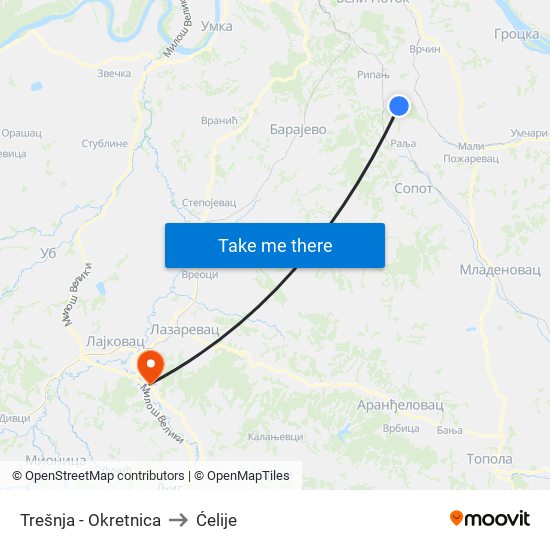 Trešnja - Okretnica to Ćelije map