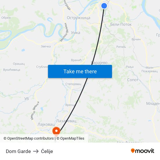 Dom Garde to Ćelije map