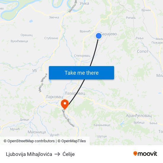 Ljubovija Mihajlovića to Ćelije map