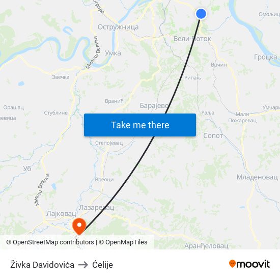 Živka Davidovića to Ćelije map