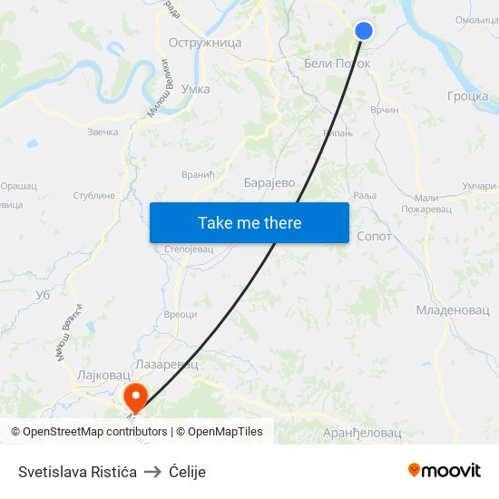 Svetislava Ristića to Ćelije map