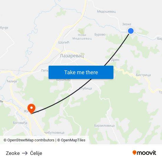 Zeoke to Ćelije map