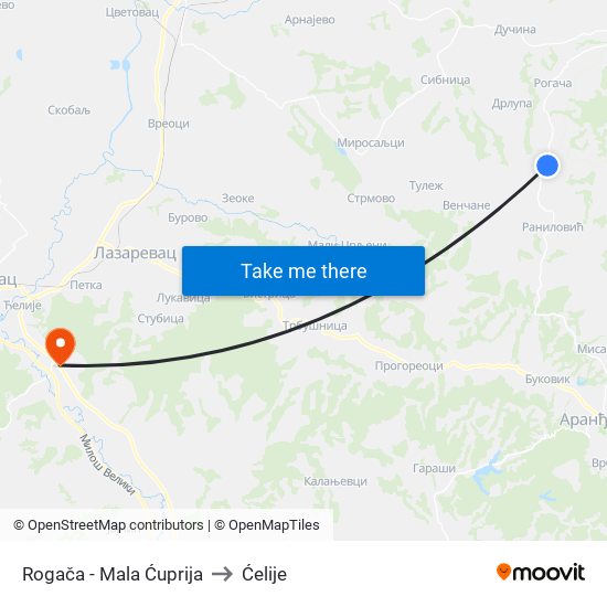 Rogača - Mala Ćuprija to Ćelije map