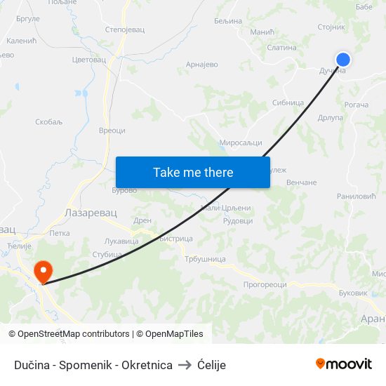 Dučina - Spomenik - Okretnica to Ćelije map