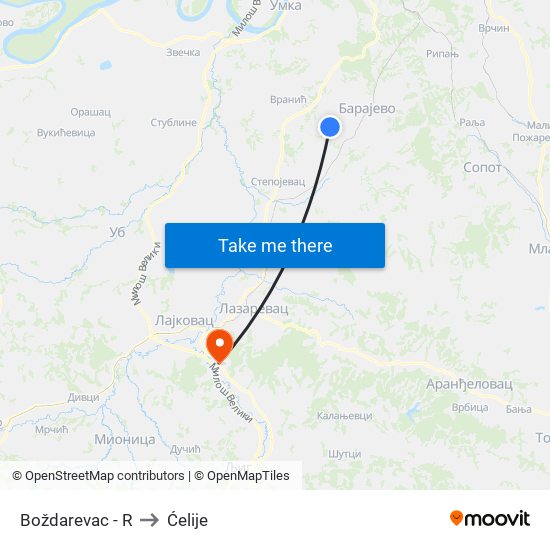 Boždarevac - R to Ćelije map