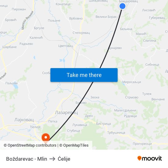 Boždarevac - Mlin to Ćelije map