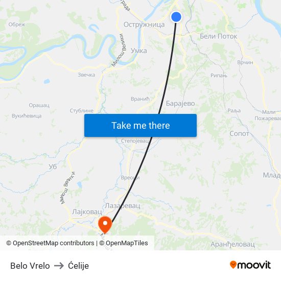 Belo Vrelo to Ćelije map