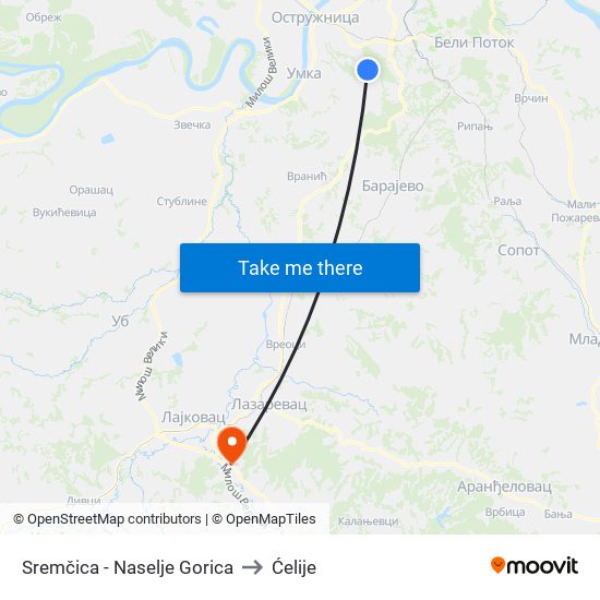 Sremčica - Naselje Gorica to Ćelije map