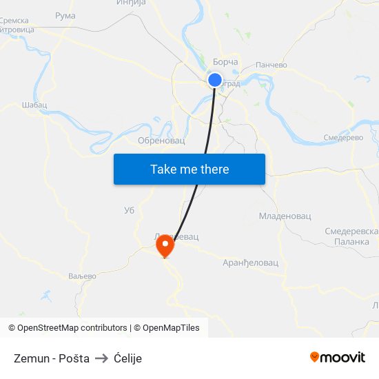 Zemun - Pošta to Ćelije map