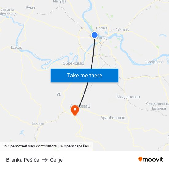 Branka Pešića to Ćelije map