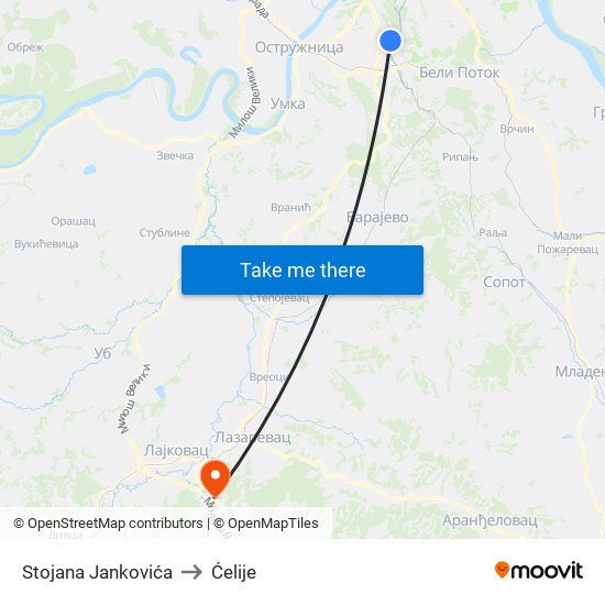 Stojana Jankovića to Ćelije map