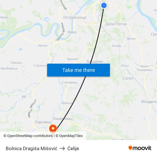 Bolnica Dragiša Mišović to Ćelije map