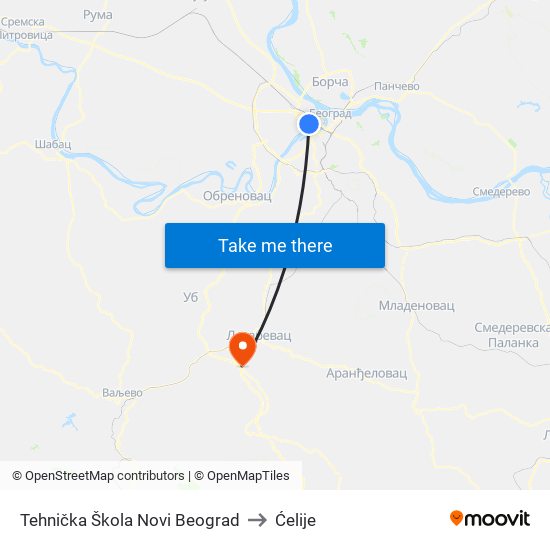 Tehnička Škola Novi Beograd to Ćelije map